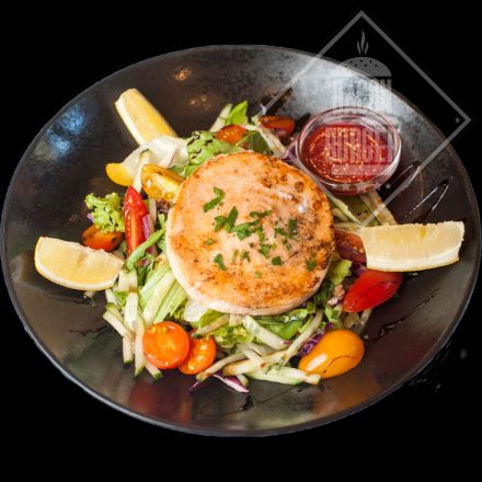 FRESH MIXED SALAD WITH EXTRA TOPPINGS: SALMON PATTY